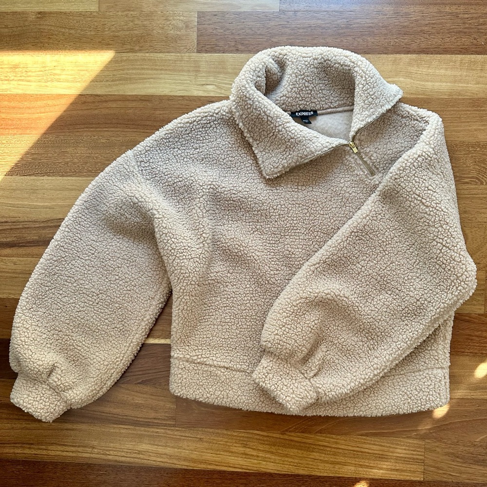 Express Teddy Sherpa Asymmetrical Zipper Balloon Sleeve Sweater